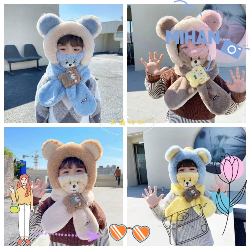 เดือน หมวกผ้าพันคอ ,ฤดูหนาวน่ารักการ์ตูนหูป้องกันหมวกข้น กันลม สามชิ้นข้ามคอห่อสําหรับเด็ก