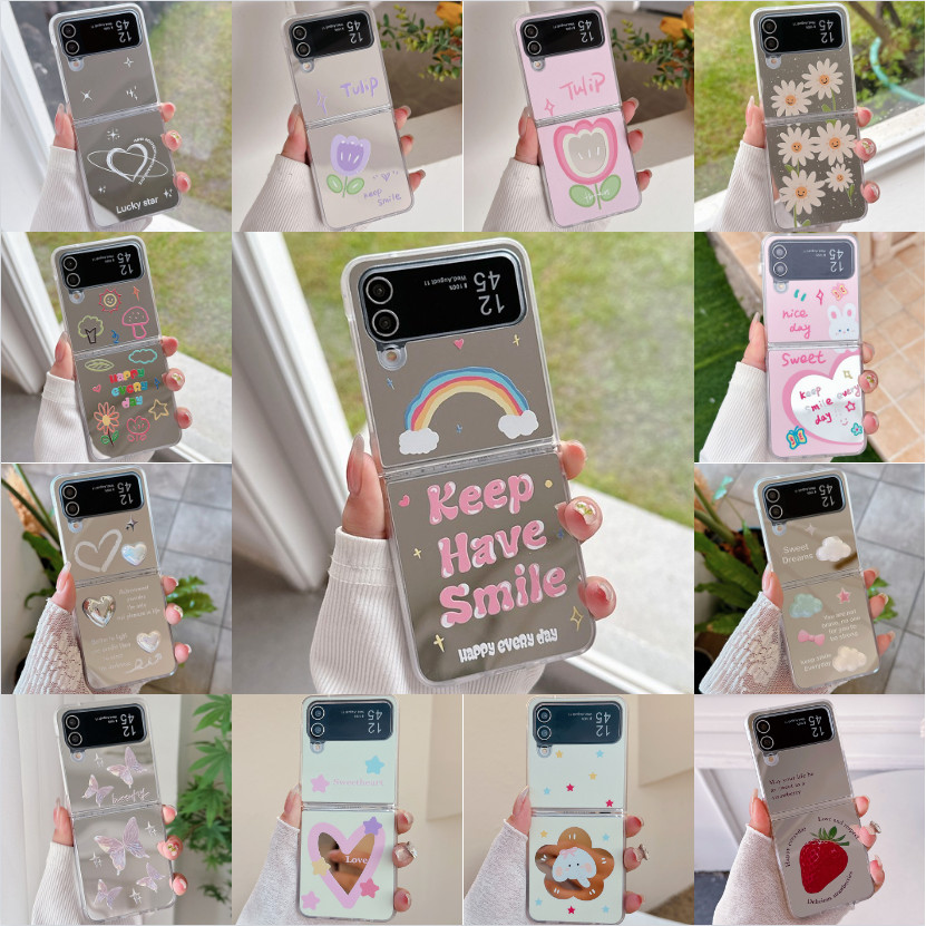 สําหรับ zflip 6 5 4 3 OPPO Find N3/N2 Flip Xiaomi MIX Flip HONOR Magic V Flip พับหน้าจอโทรศัพท์มือถือ casePainted ง่ายสีสันดอกทิวลิปดอกไม้กระจก PC hard case