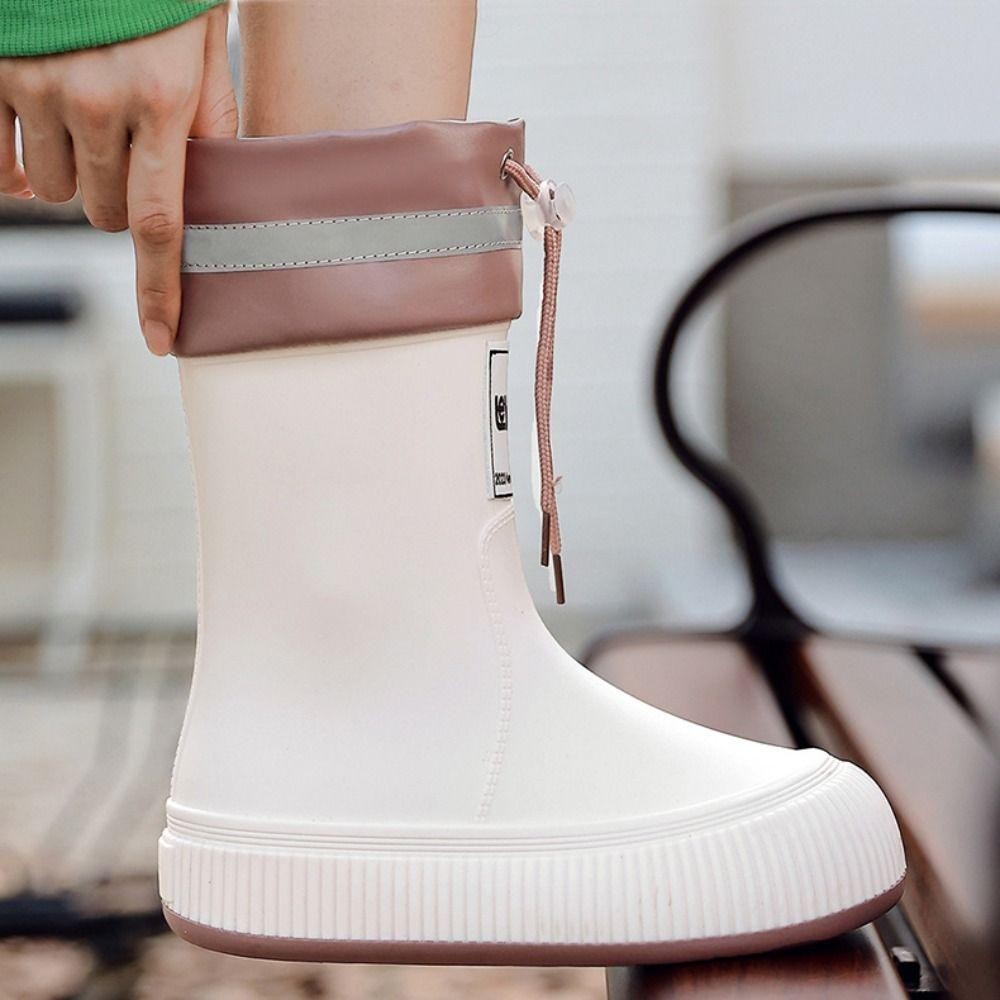 Rookiedd4 รองเท้ากันฝนผู้หญิง, Letter Anti Slip การ์ตูน Rainshoes, แฟชั่นกันน้ํา Drawstring หนาลูกวัว Galoshes Snowing