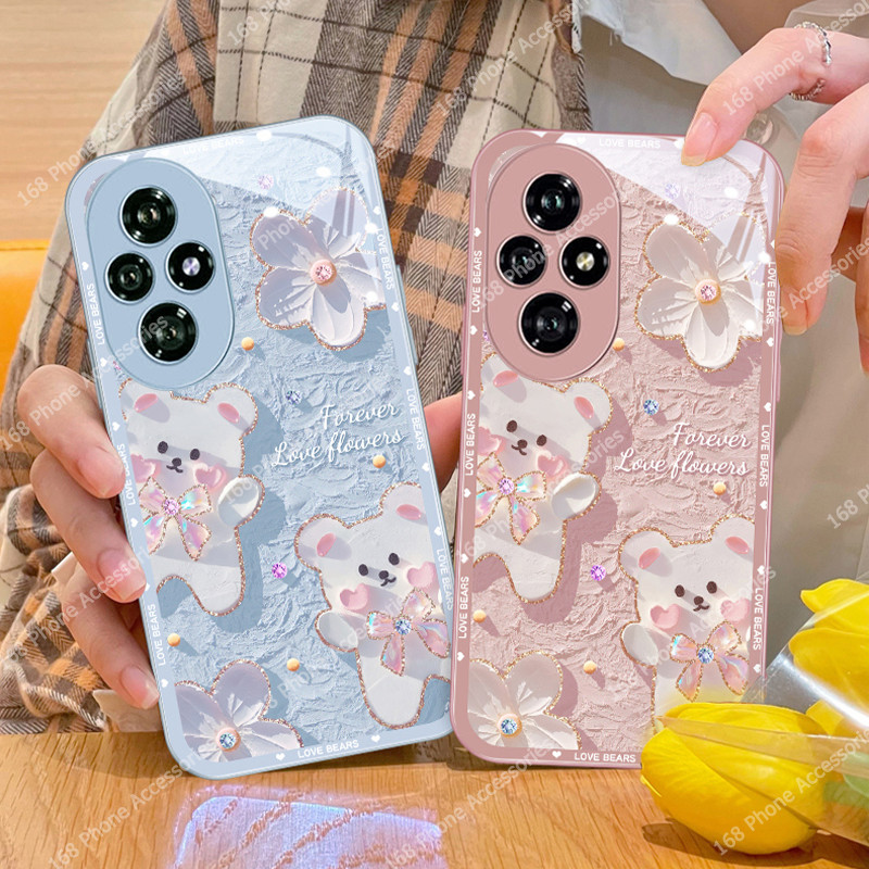เคส Honor 200 Pro เคส Honor 200 5G กรณีการ์ตูนน่ารักแวววาวภาพวาดสีน้ํามันหมีกันกระแทกพร้อมฝาครอบกล้องเลนส์ป้องกันหรูหราของเหลวแก้วโทรศัพท์สําหรับนักเรียนหญิง