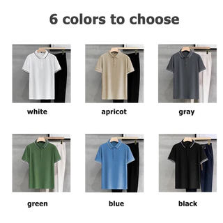 เสื้อโปโลชาย เสื้อโปโลแขนสั้น คอปก ผ้าฝ้าย ทรงหลวม ลายทาง สําหรับผู้ชาย มี 14 สี