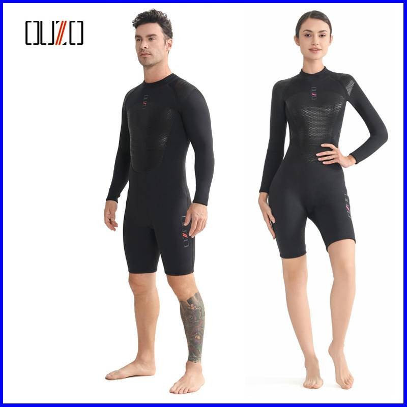 พร้อมสต็อก OUZO 3mm Wetsuit ผู้ชายผู้หญิง Neoprene รุ่นสั้นชิ้นเดียวยืดหยุ่นสูง Warm ด้านหน้าหน้าอกกลับ Super Elastic cr Quick-Drying ผ้าอุ่น Neckline หนังดําน้ํา