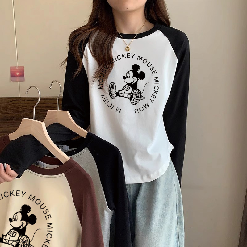 ตัวการ์ตูนมิกกี้อะนิเมะพิมพ์หลวมเย็บสีคมชัดย้อนยุคหนึ่งไหล่แขนยาวเสื้อยืดผู้หญิง'เสื้อท็อป