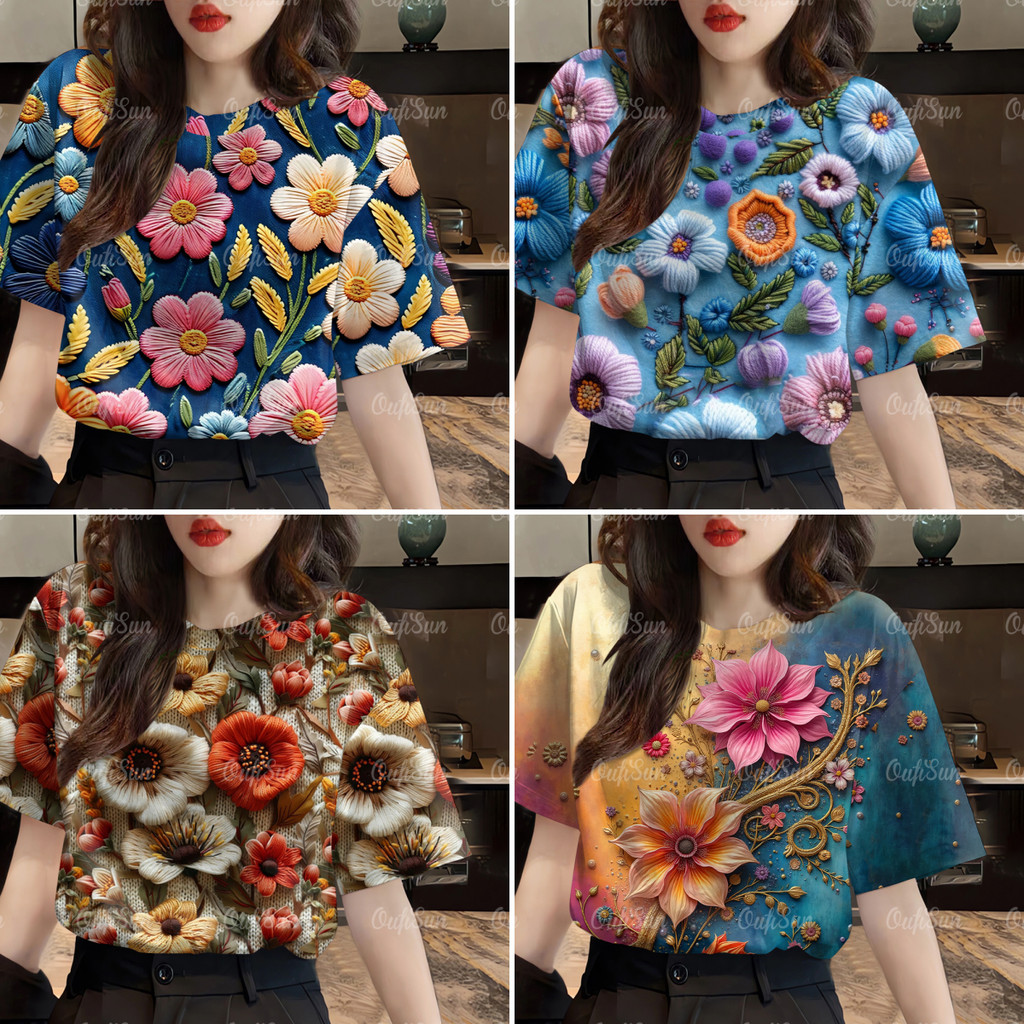 เสื้อยืดลายดอกไม้สามมิติสําหรับผู้หญิงเสื้อตัวในแขนสั้นสีสันสดใสเสื้อสวมหัวผู้หญิงทรงหลวมและทันสมัย