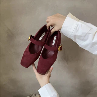 Atikota รองเท้าส้นสูงผู้หญิง Mary Jane แฟชั่น Retro สไตล์ One-line Buckle Square Toe รองเท้า