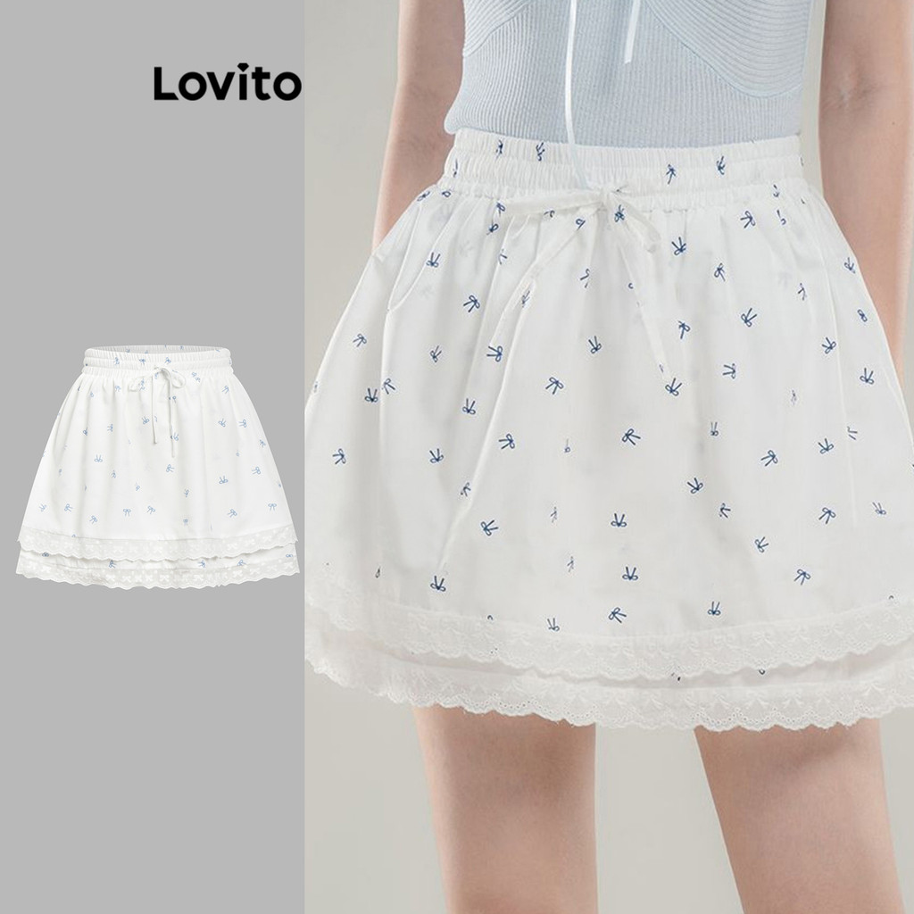 Lovito กระโปรงลายดอกไม้ผูกโบว์สไตล์ลำลองสำหรับผู้หญิง AD1061055