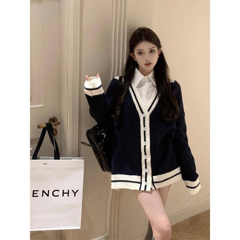 Xyzkuli Preppy สไตล์ Contrast สีเสื้อกันหนาวแจ็คเก็ตผู้หญิงเสื้อสเวตเตอร์ถักฤดูใบไม้ร่วง High-End Feeling อารมณ์หลวมขี้เกียจ Kn
