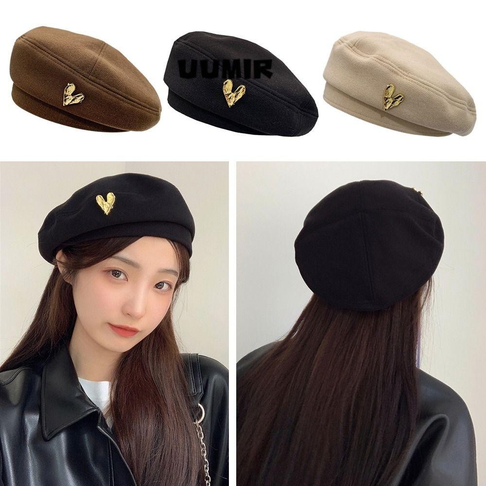 Uumir ผู้หญิง Beanies หมวก, สีทึบทําด้วยผ้าขนสัตว์ Vintage Heart Berets, ฤดูใบไม้ร่วงฤดูหนาว Breathable Warm Love จิตรกรหมวก