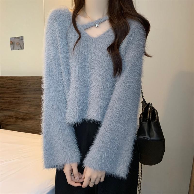 เสื้อกันหนาวถัก pullover ผู้หญิงหนาคอวีสบายๆหลวม