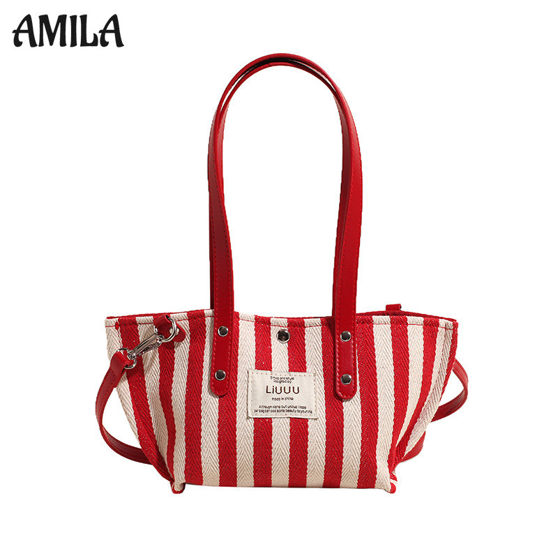 Amila Underarm Contrast Color Striped Bucket Bag ใหม่แฟชั่นพิเศษ-Interest High-Class กระเป๋าสะพาย