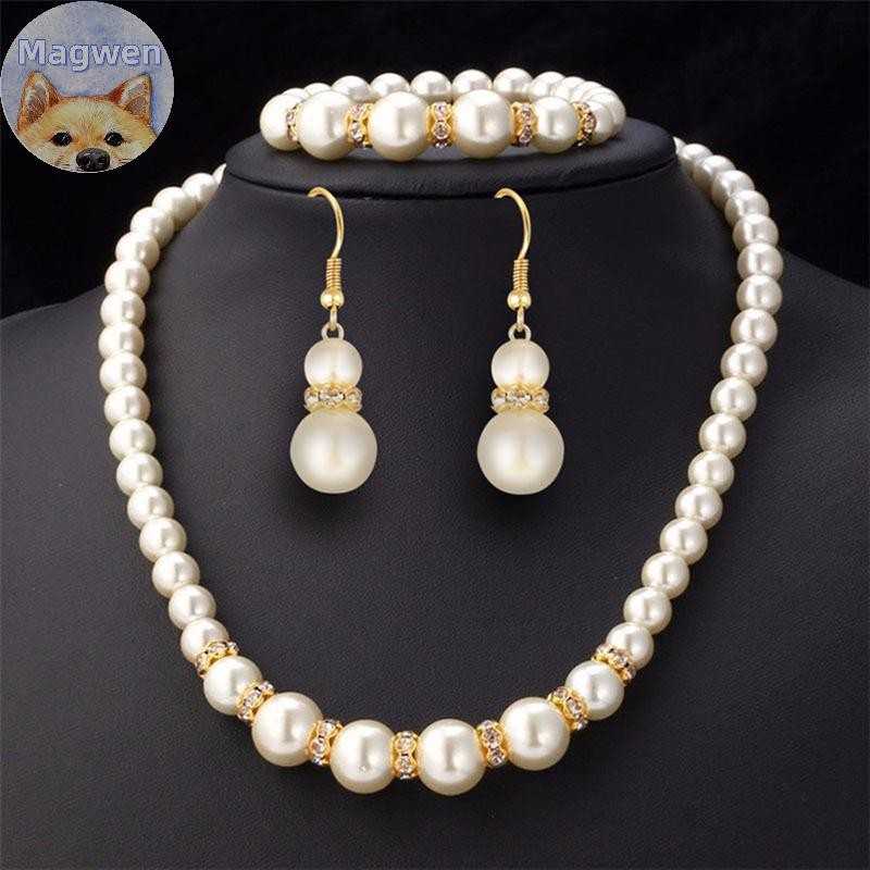 แม็กเวน 3ใน1ชุดที่สง่างามจําลองสร้อยคอมุกต่างหูต่างหูสร้อยข้อมือสร้อยคอยาวผู้หญิงเจ้าสาวเครื่องประดับแต่งงานของขวัญ ไทย