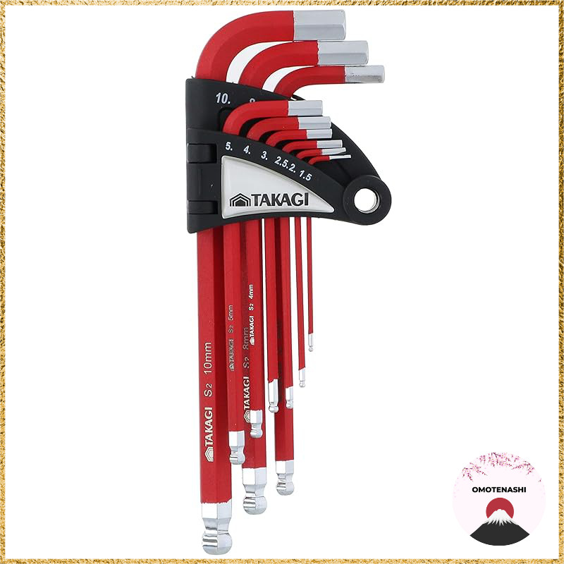 Takagi HANDIWORK Color Coated Hex Key Set with Ball Point, Red, 9 Pieces No. 101