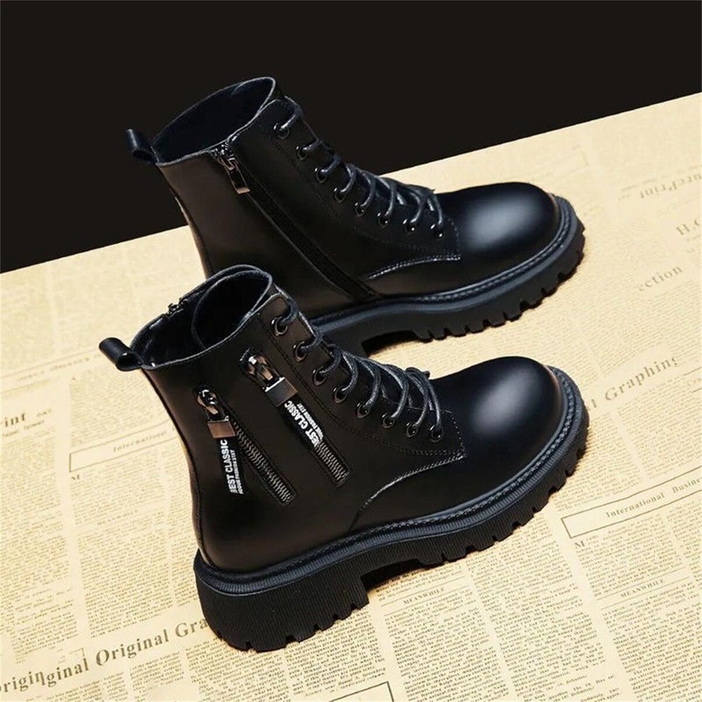 Yinglun ลม รองเท้าบูทสั้นผู้หญิง รองเท้าแฟชั่นมาร์ติน ซิปข้าง เสริมส้น5CM หนัง PU ลำลอง all-match