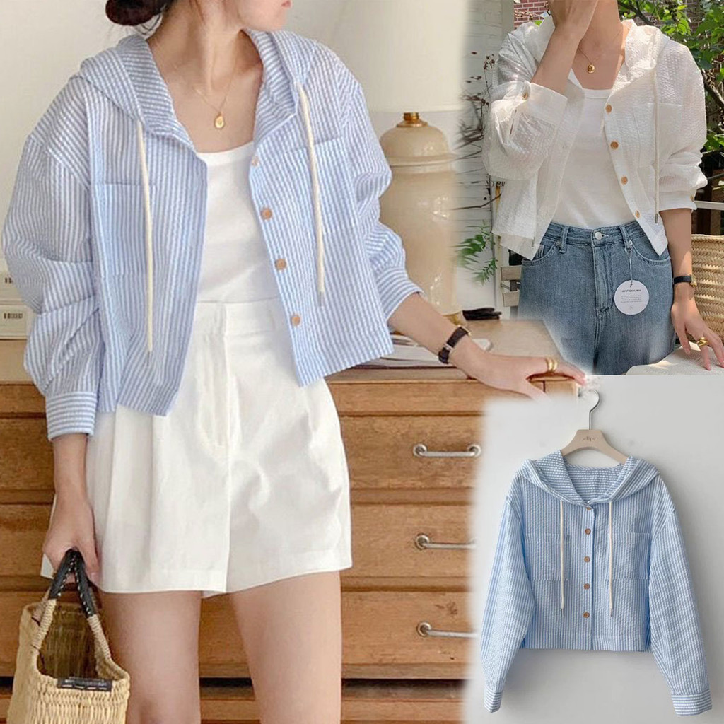 Dahong W441 เสื้อแจ็คเก็ตกันแดดสีตัดกันกระดุมแถวเดียว เสื้อฮู้ดสั้น ไม่บางเกินไปเหมาะสำหรับใส่เป็นเสื้อคลุม