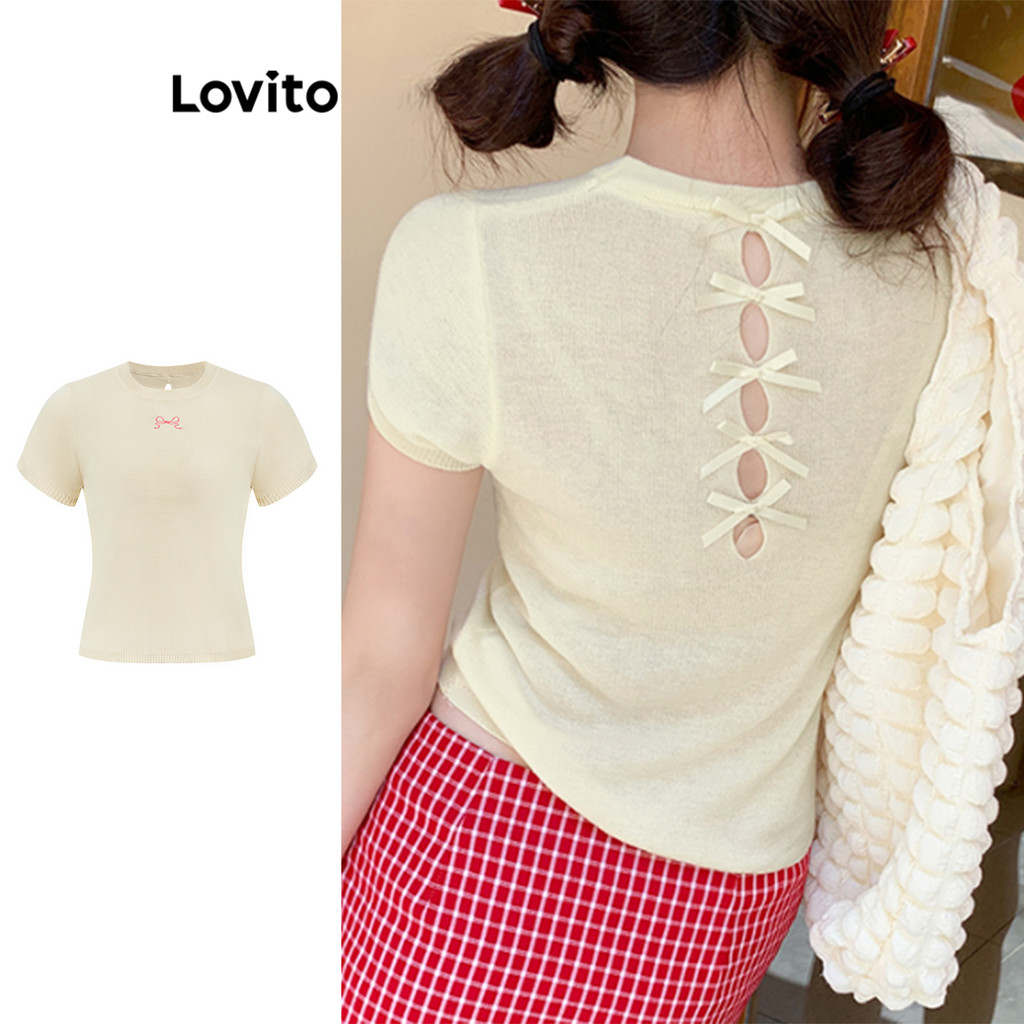 Lovito เสื้อถักโบว์สีพื้นน่ารักสำหรับผู้หญิง L108ED065