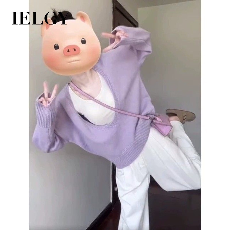 IELGY เสื้อสเวตเตอร์สวมหัวคอวีสีม่วงสําหรับผู้หญิงสไตล์เกาหลีอารมณ์เสื้อถักหลวม