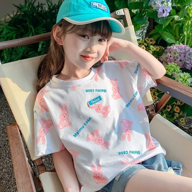สาวท็อปส์ผ้าฝ้ายคอกลมแขนสั้นบางเสื้อยืดแฟชั่นกระต่ายน่ารักพิมพ์เสื้อยืดสาวฤดูร้อนสวมใส่