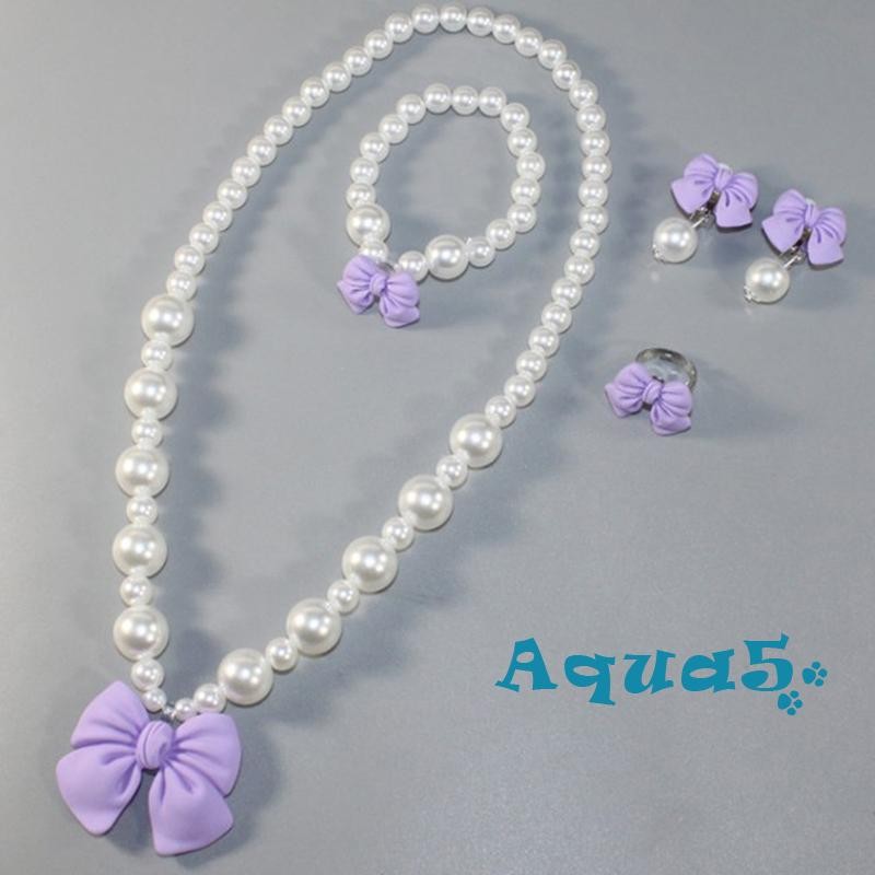 Aqq-kid Elegant ชุดเครื่องประดับน่ารัก Pearl Bow แหวนสร้อยคอสร้อยข้อมือต่างหูสําหรับของขวัญวันเกิดสาวน้อย