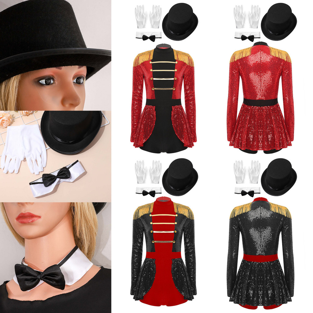 Miaeowve สตรีเลื่อม Circus Ringmaster บอดี้สูทหมวกด้านบนโบว์ปกปลอมและถุงมือสีขาวชุด 4 ชิ้นสําหรับปาร์ตี้ฮาโลวีนนักมายากล
