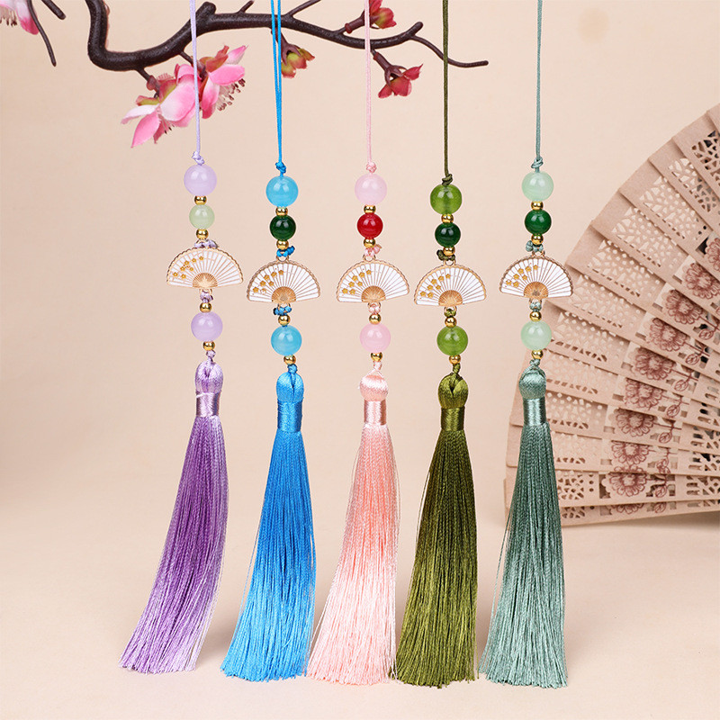 พัดลมสีขาว10ซม. พู่สไตล์โบราณชุดฮั่นฟู่จี้พัดลม DIY จี้กระเป๋าสไตล์ชนเผ่าจีนรุ่นใหม่ที่แขวนรถพู่ ocs