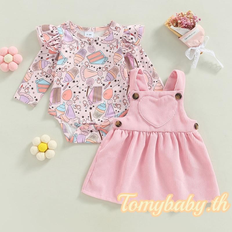 Tomybaby-เด็กสาวชุดฤดูใบไม้ร่วงไอศกรีมพิมพ์แขนยาวromper + Corduroyหัวใจชุดสายรัด2ชิ้นชุด
