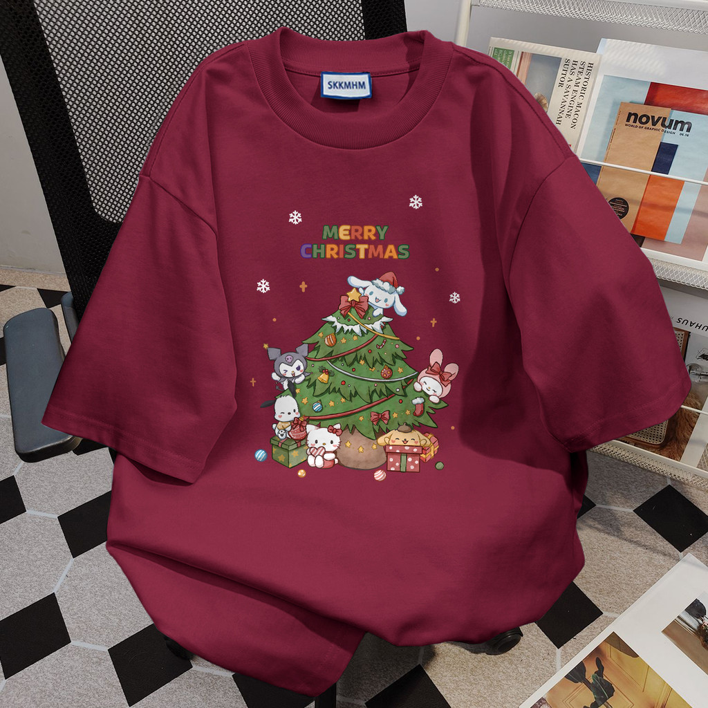 TIHIK เสื้อ christmas เสื้อยืดแดง oversize ผ้าฝ้าย100 ต้นคริสต์มาส ลายการ์ตูน I001063