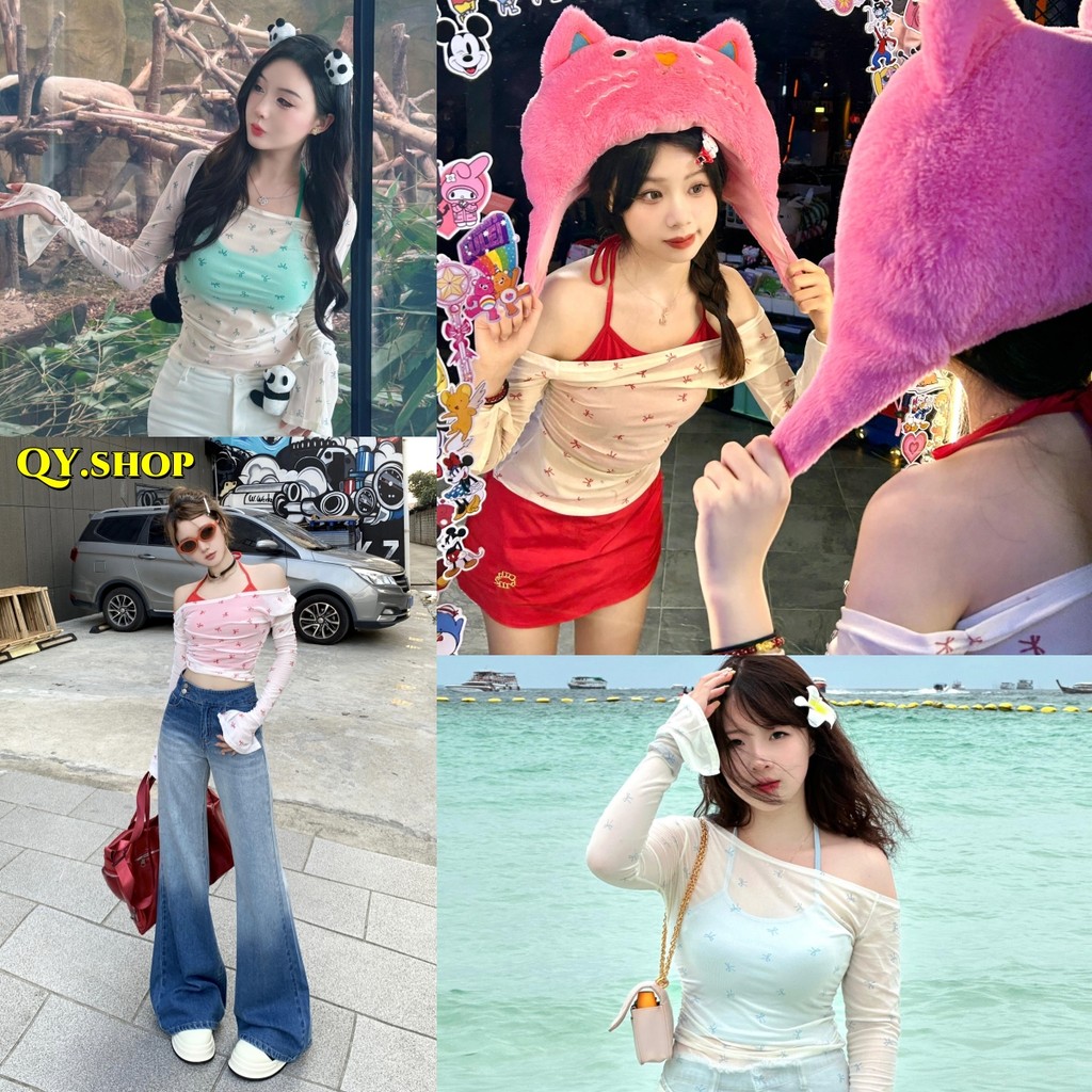 QY.Shop⭐️สินค้าราคาพิเศษ⭐️สายเดี่ยวคล้องคอครอป/เสื้อแขนยาวลายโบว์  สีสดใส ใส่ง่าย "FY6876-L/FYQ7172"