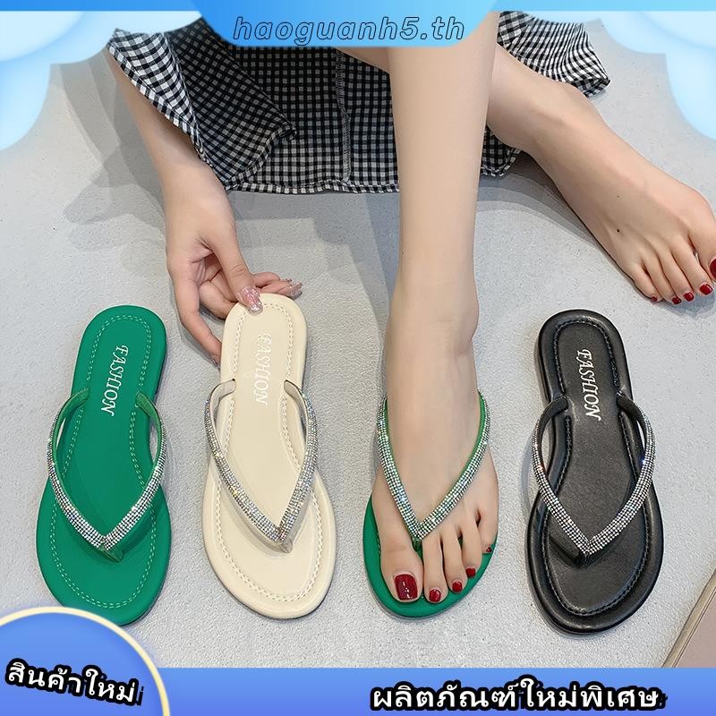 รองเท้าแตะ พื้นแบน ประดับเพชร กันลื่น ขนาดใหญ่ เบอร์ 35-43