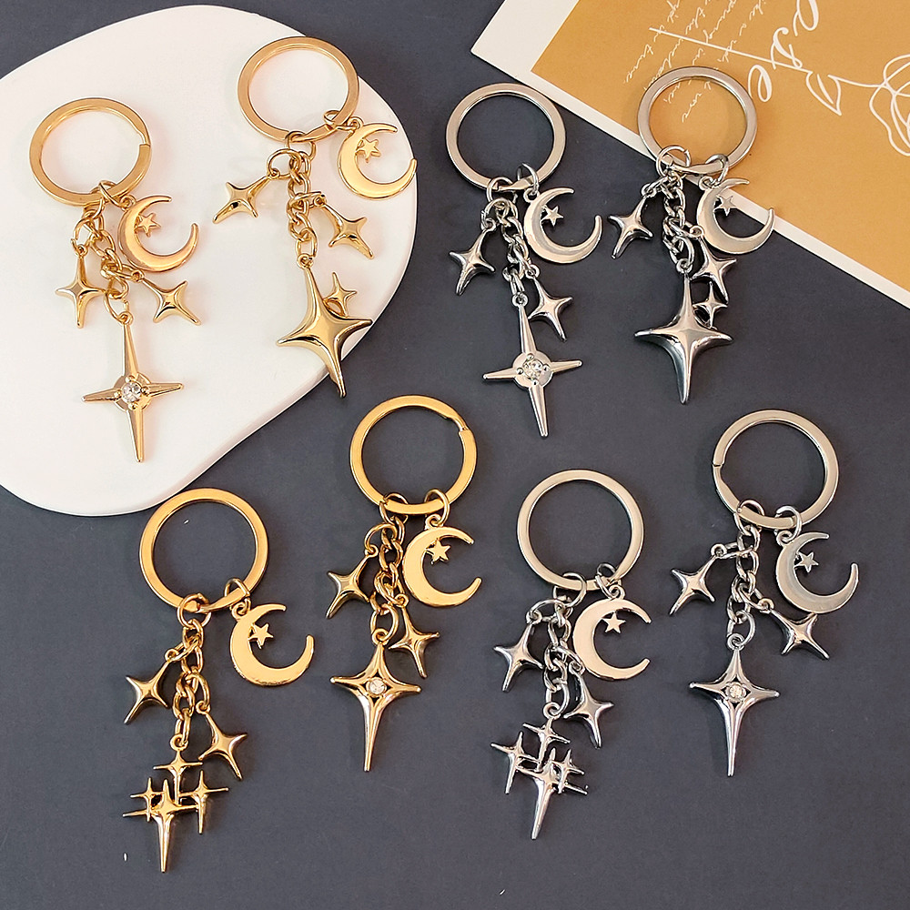Simple Star Moon Shape พวงกุญแจ Creative Gold Silver สีโลหะพวงกุญแจรถของขวัญของที่ระลึก