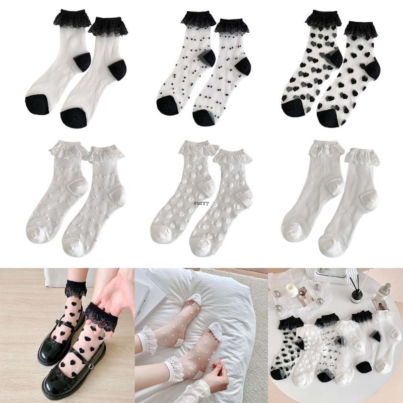 Cuy ผู้หญิง Sheer ถุงเท้าข้อเท้าญี่ปุ่น Ruffle Frilly Crew ถุงเท้าหวานถุงเท้านักเรียน