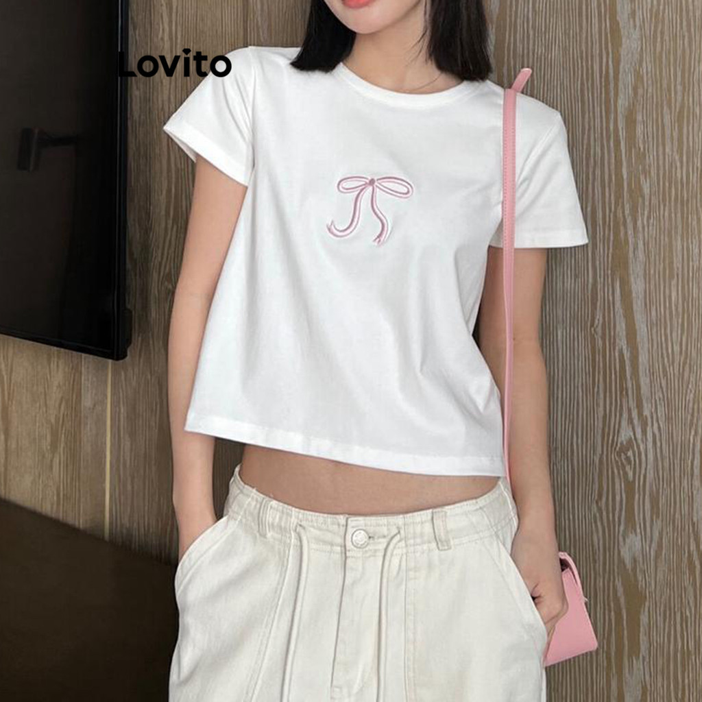 Lovito เสื้อยืดผู้หญิง ปักลายโบว์ สีพื้น สไตล์ลำลอง LNE61009