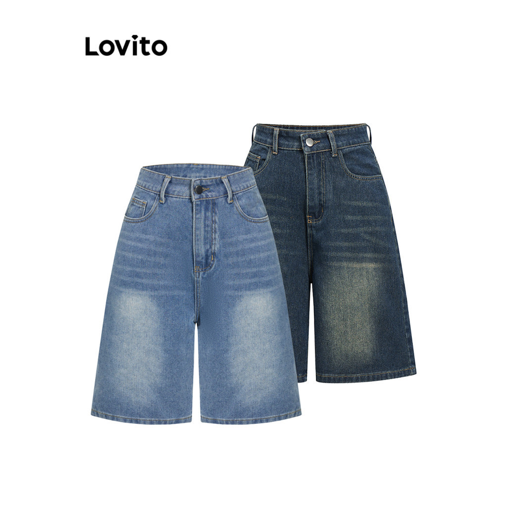 Lovito กางเกงยีนส์ขาสั้นผู้หญิง มีกระเป๋า สีพื้น สไตล์ลำลอง L93AD053