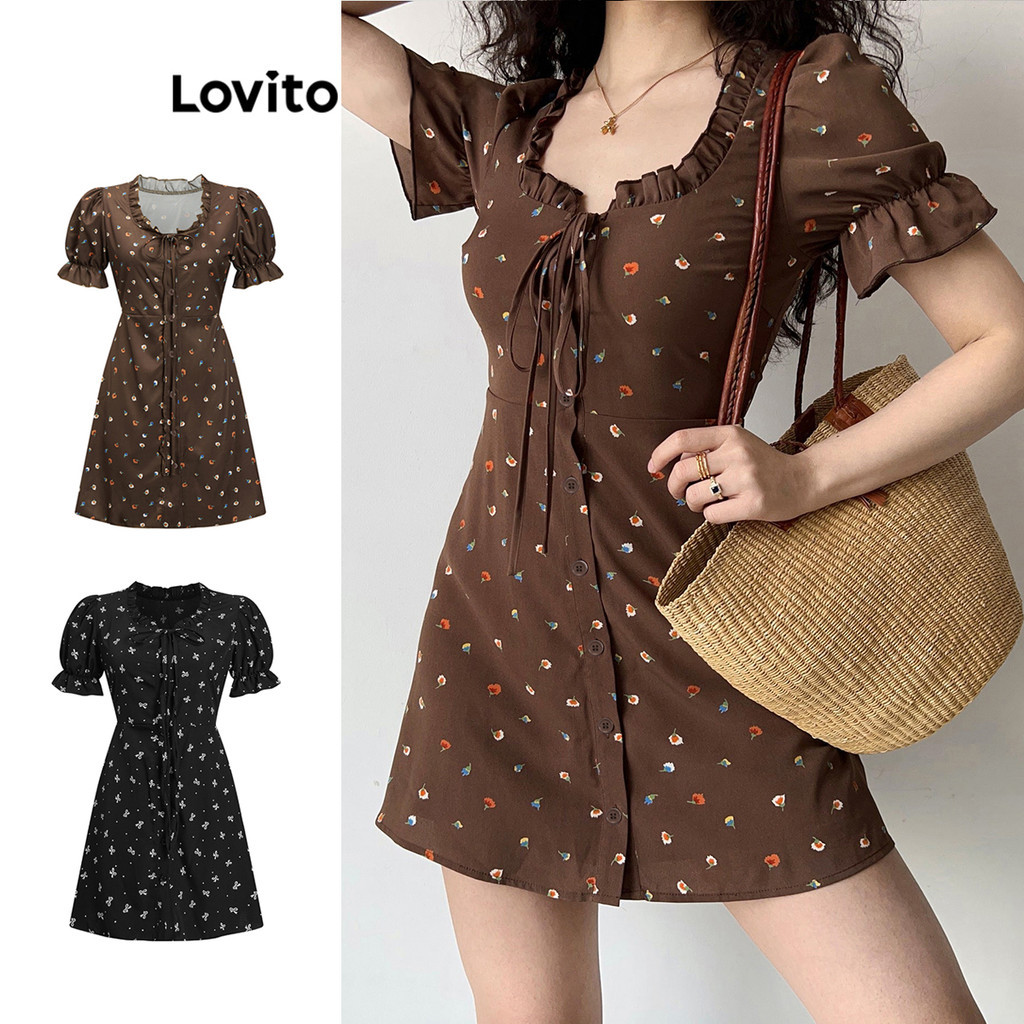 Lovito เดรสผู้หญิง ลายดอกไม้ แต่งระบาย ผูกเชือก สไตล์ลำลอง L88AD275(หลากสี)