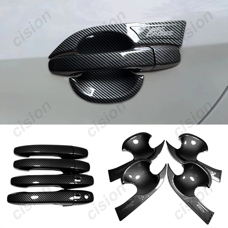 คาร์บอนไฟเบอร์เคลือบเงาสไตล์วัสดุ ABS มือจับประตูรถชาม Bezel กรอบแผงสติกเกอร์ Trim อุปกรณ์เสริมสําหรับ Toyota Yaris Cross AC200 2023 2024 2025