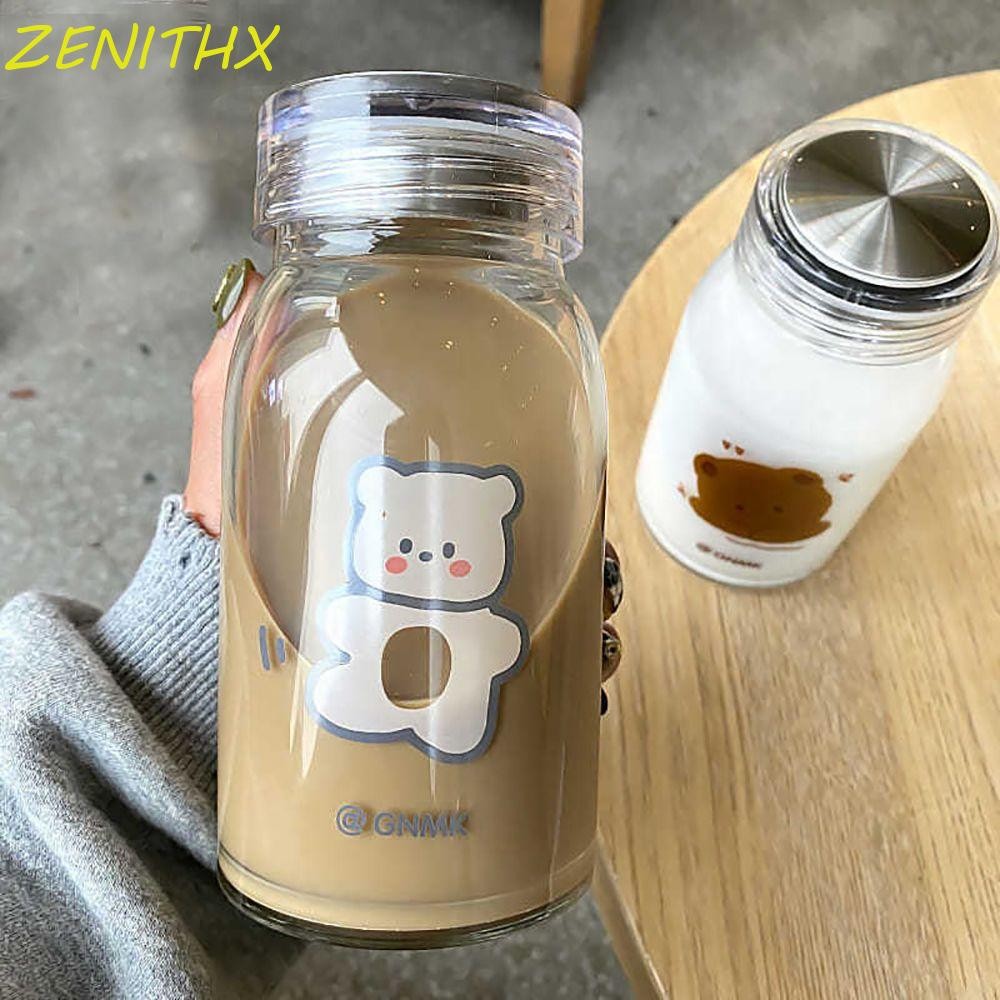 Zenithx ถ้วยทนความร้อน Leakproof 450ML แก้วกาแฟ Drinkware พร้อมฝาปิดหมีแก้วหนาถ้วยดื่มโปร่งใส