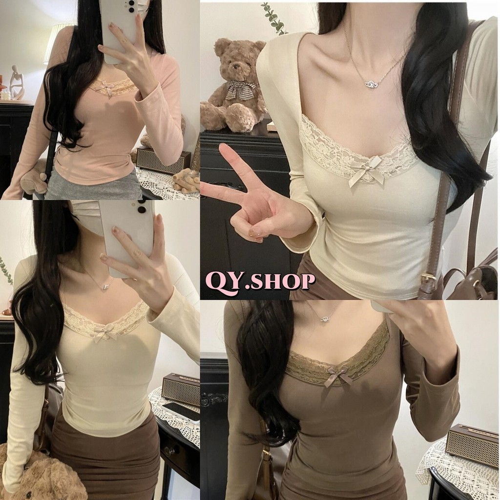 QY.Shop⭐️สินค้าราคาพิเศษ⭐️เสื้อแขนยาว คอกลมทรงรัดรูป ยืดกำลังดี มีฟองน้ำ แต่งโบว์จิ๋ว 