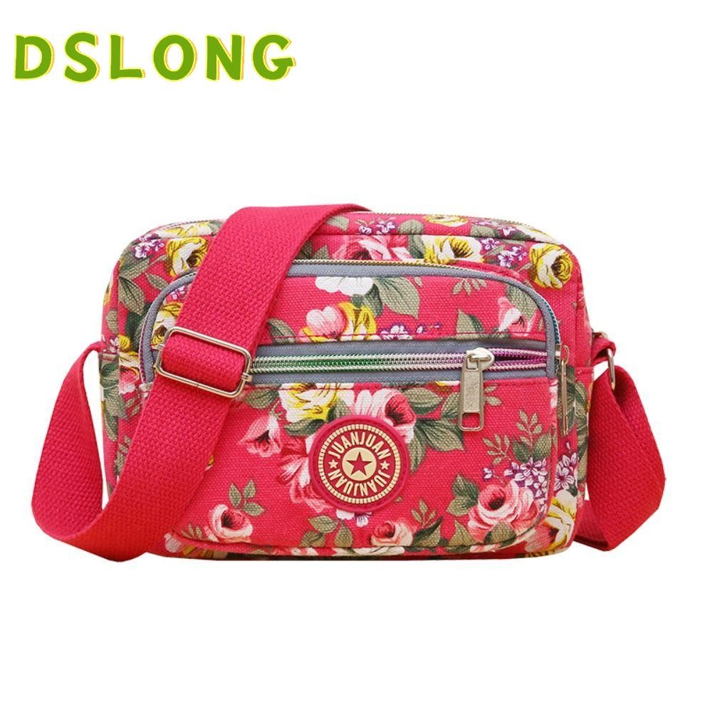 DSLONG กระเป๋าโท้ต, กระเป๋าถือวินเทจความจุขนาดใหญ่, กระเป๋าสะพายไนลอนพิมพ์ลายดอกไม้หลายชั้นลําลองแม่