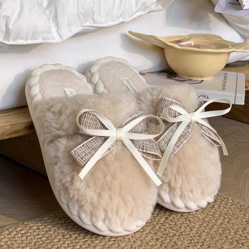 Anti-slip Warm Chanel สไตล์โบว์ Soft-Soled รองเท้าแตะผ้าฝ้ายผู้หญิงฤดูหนาวขนแกะ Warm Anti-Slip สวมใส