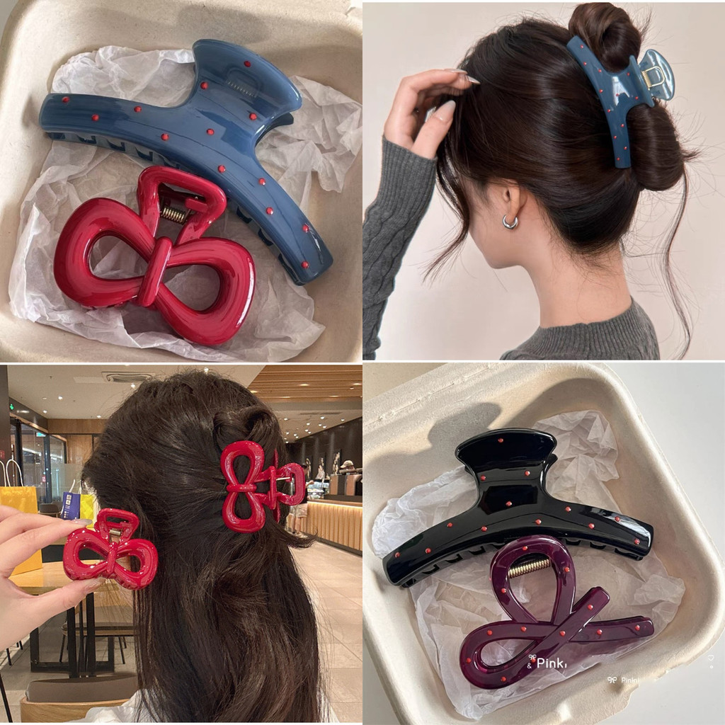 Vintage Blue Polka Dot กิ๊บติดผมโบว์สีแดง Shark Claw Clamp Hairpin Barrette เกาหลีผม Headwear อุปกรณ์เสริมสําหรับผู้หญิง