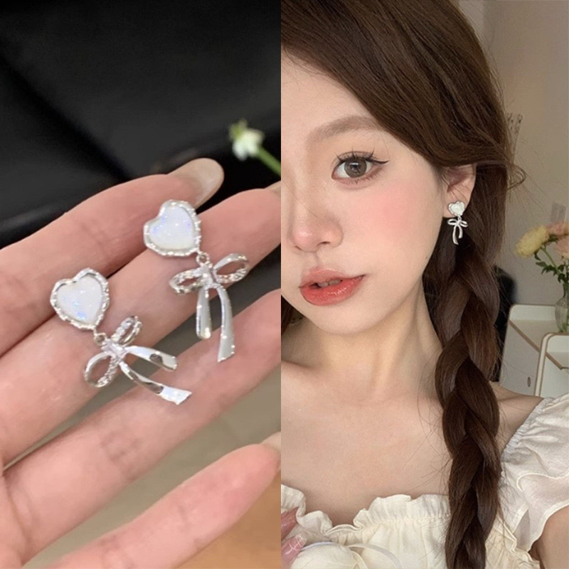 S925 Silver Super Fairy Love Heart ต่างหูโอปอลโบว์