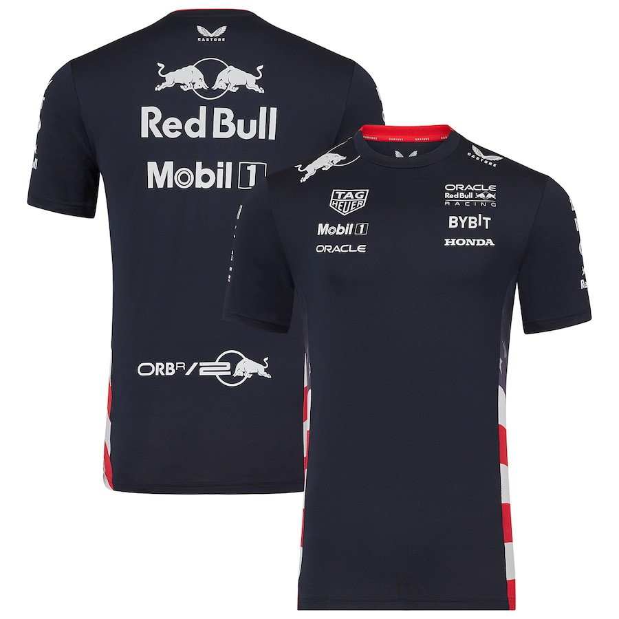 เสื้อยืดทีมแข่งกระทิงแดง 2025 - สีกรมท่าสูตรหนึ่งชุดแข่งเสื้อกีฬากลางแจ้งแห้งเร็วระบายอากาศแขนสั้น