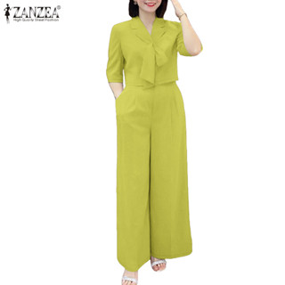 ZANZEA ซานเซีย ผู้หญิงปกหรูหราครึ่งแขนเสื้อผูก + กางเกงขายาว…