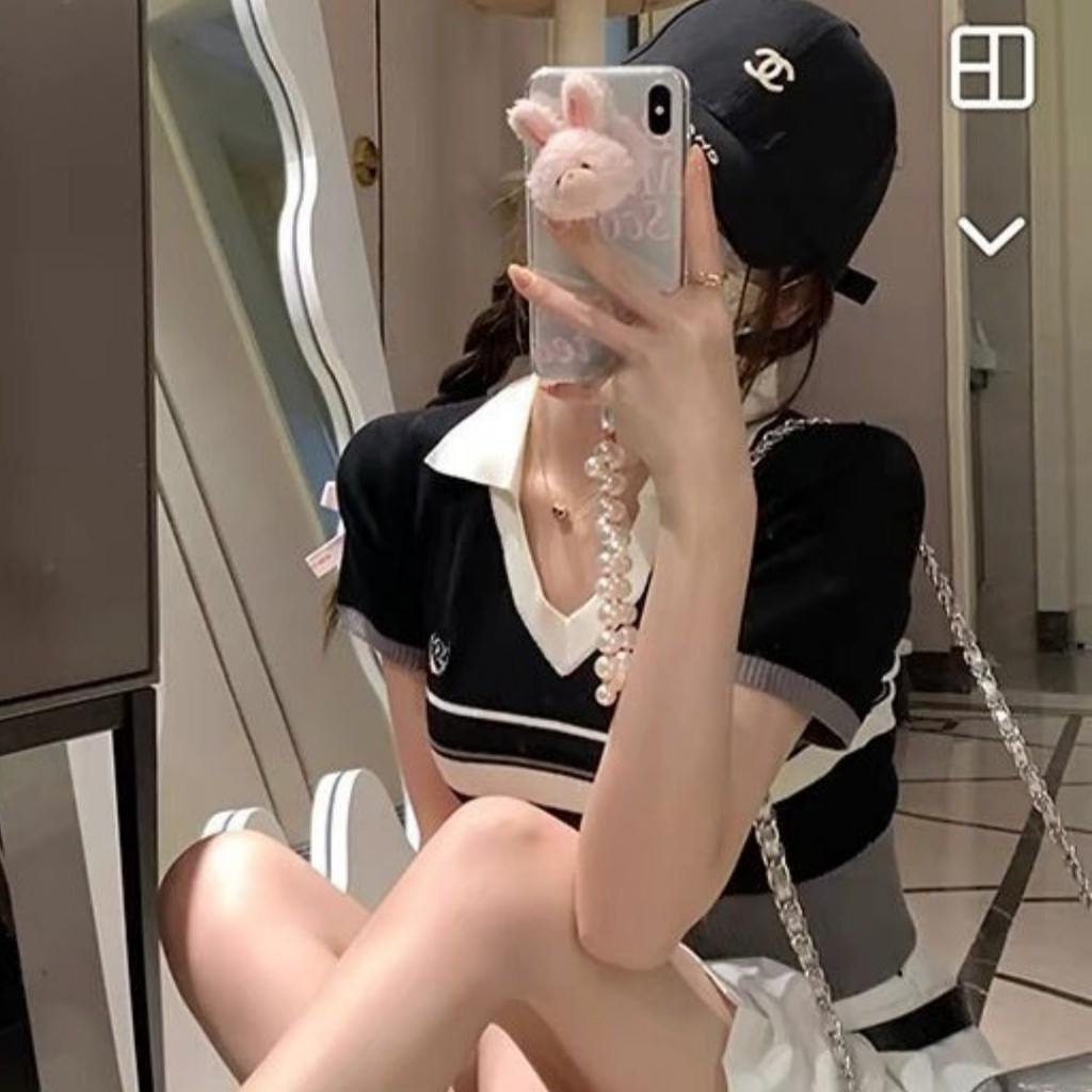 ชุดเสื้อกั๊กถักลายทางคอโปโลสไตล์อเมริกันหวานและเผ็ด เสื้อชั้นในฤดูร้อน เสื้อตัวนอก เสื้อสั้นสำหรับสา