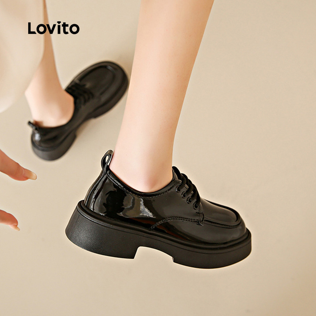 (Trendy) Lovito วินเทจวินเทจสีพื้นย้อนยุคสไตล์อังกฤษ ผูกเชือกรองเท้าโลฟเฟอร์รองเท้าหนังสีดํา Jk เรือ