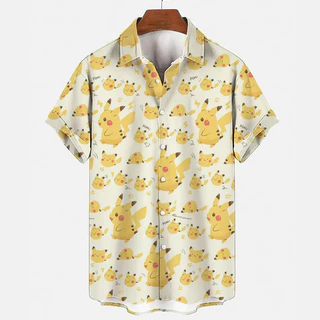 2024 เสื้ออินเทรนด์อะนิเมะ Pokemon Psyduck Gengar Snorlax 3D ดอกไม้เสื้อ Unisex แขนสั้นปุ่มคู่อินเทรนด์ Beach Coat เสื้อ Tops