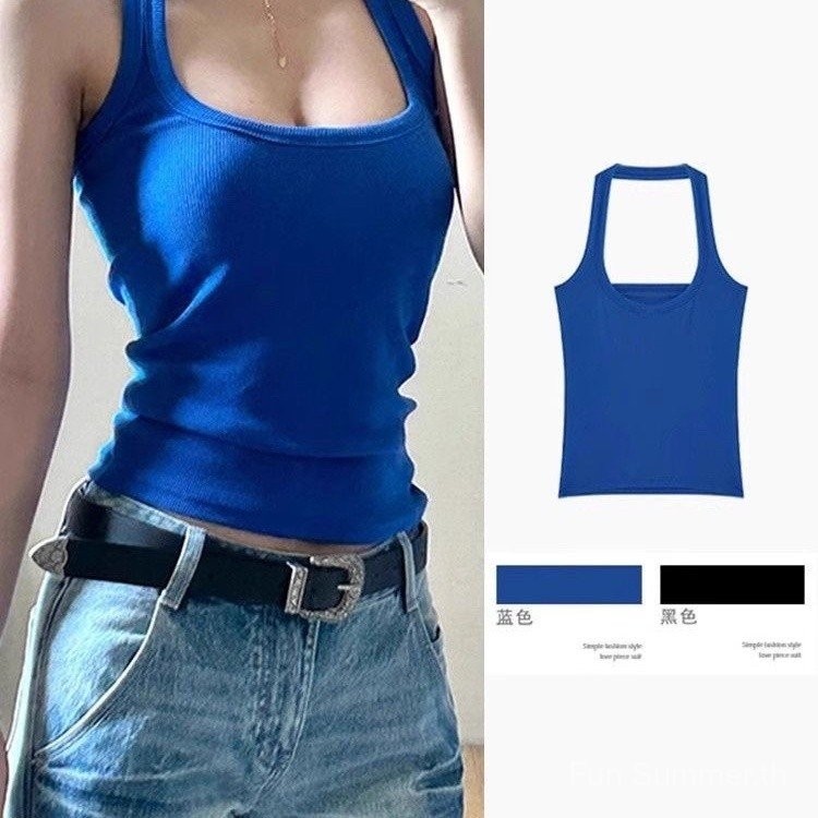 ชุดเดินทางเทศกาลดนตรี เสื้อสายเดี่ยวสีน้ำเงินสำหรับผู้หญิง
