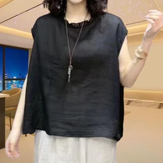2025 เสื้อเชิ้ตผ้าฝ้ายลินินแขนกุดคอวีขอบระบายใหม่สำหรับผู้หญิงในฤดูร้อน