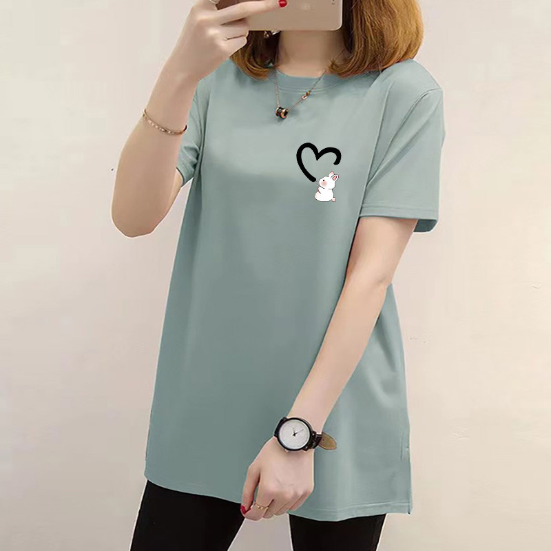 เสื้อยืดแขนสั้นผู้หญิงเสื้อยืดแขนสั้นเสื้อตัวยาวสไตล์เกาหลีสําหรับผู้หญิงยืดแขนสั้นผู้หญิงผ้าลําลองขนาดบวกยาวด้านบน