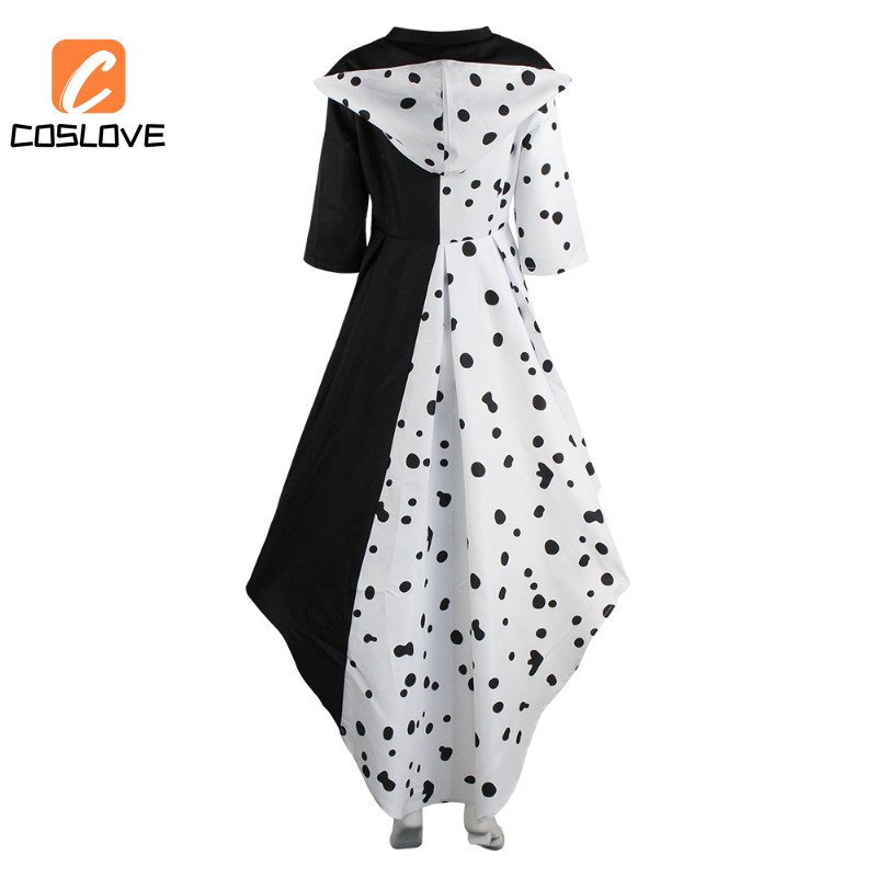 Cruella De Vil คอสเพลย์เสื้อผ้าชุดเครื่องแต่งกายสําหรับผู้หญิงยาว Black & White Dot กระโปรง Stage Performance คอสเพลย์ - รูปที่ 3