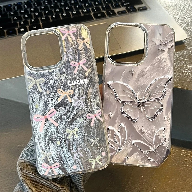 เคสไอโฟน 11 13 เคส Feather Laser Bow Case For iPhone 11 12 13 14 15 Pro X XR XS MAX 7 8 Plus SE เคสโทรศัพท์ เคสไอโฟนสวยๆ